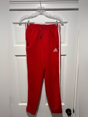 ADIDAS Boys Small Red Jogger Sweatpants with White Side Stripes